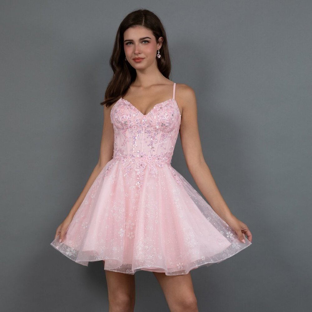 New Formal Floral Lace Embellished Mini Tulle Dress w/ V-Neckline JT985L